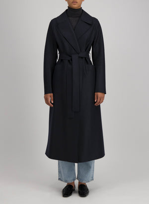 Belted long coat pressed wool and polaire