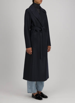 Belted long coat pressed wool and polaire