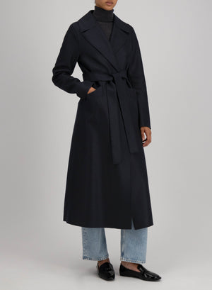 Belted long coat pressed wool and polaire