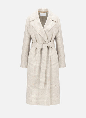 Belted long coat wool & silk P.O.W pattern crafted with Loro Piana fabric