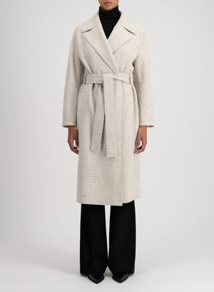 Belted long coat wool & silk P.O.W pattern crafted with Loro Piana fabric