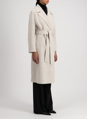 Belted long coat wool & silk P.O.W pattern crafted with Loro Piana fabric