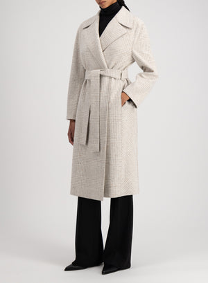 Belted long coat wool & silk P.O.W pattern crafted with Loro Piana fabric