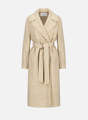 Belted long coat wool & silk P.O.W pattern crafted with Loro Piana fabric