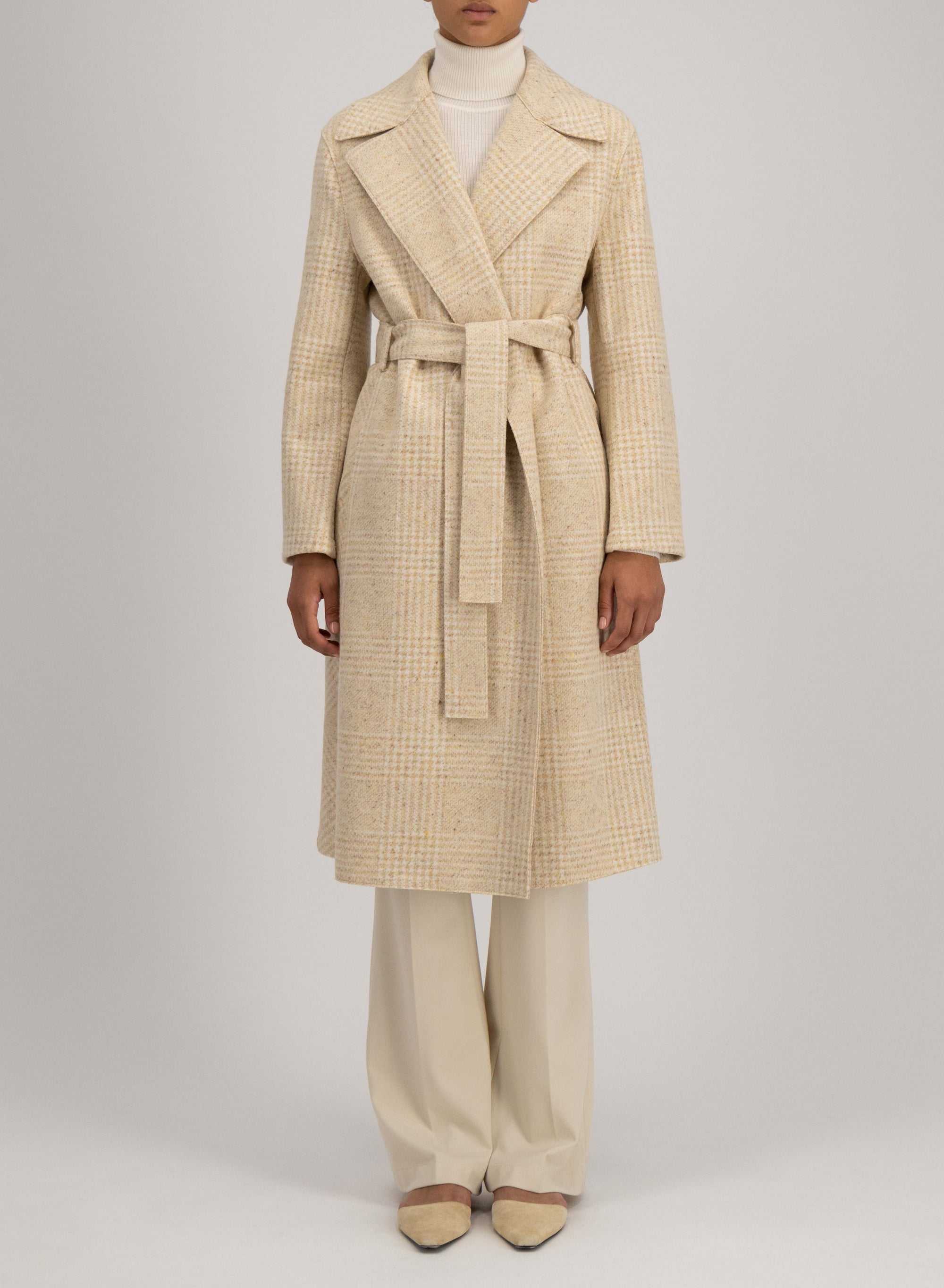 Belted long coat wool & silk P.O.W pattern crafted with Loro Piana fabric