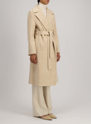 Belted long coat wool & silk P.O.W pattern crafted with Loro Piana fabric