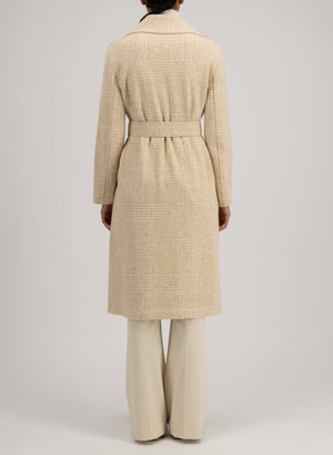 Belted long coat wool & silk P.O.W pattern crafted with Loro Piana fabric