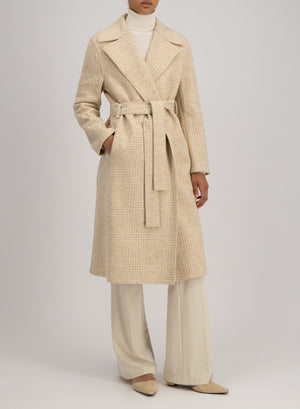 Belted long coat wool & silk P.O.W pattern crafted with Loro Piana fabric