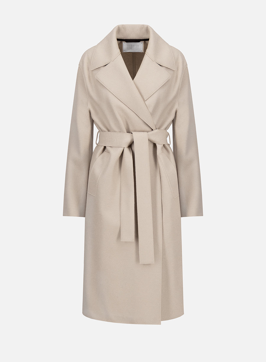 Belted long coat pressed wool and polaire