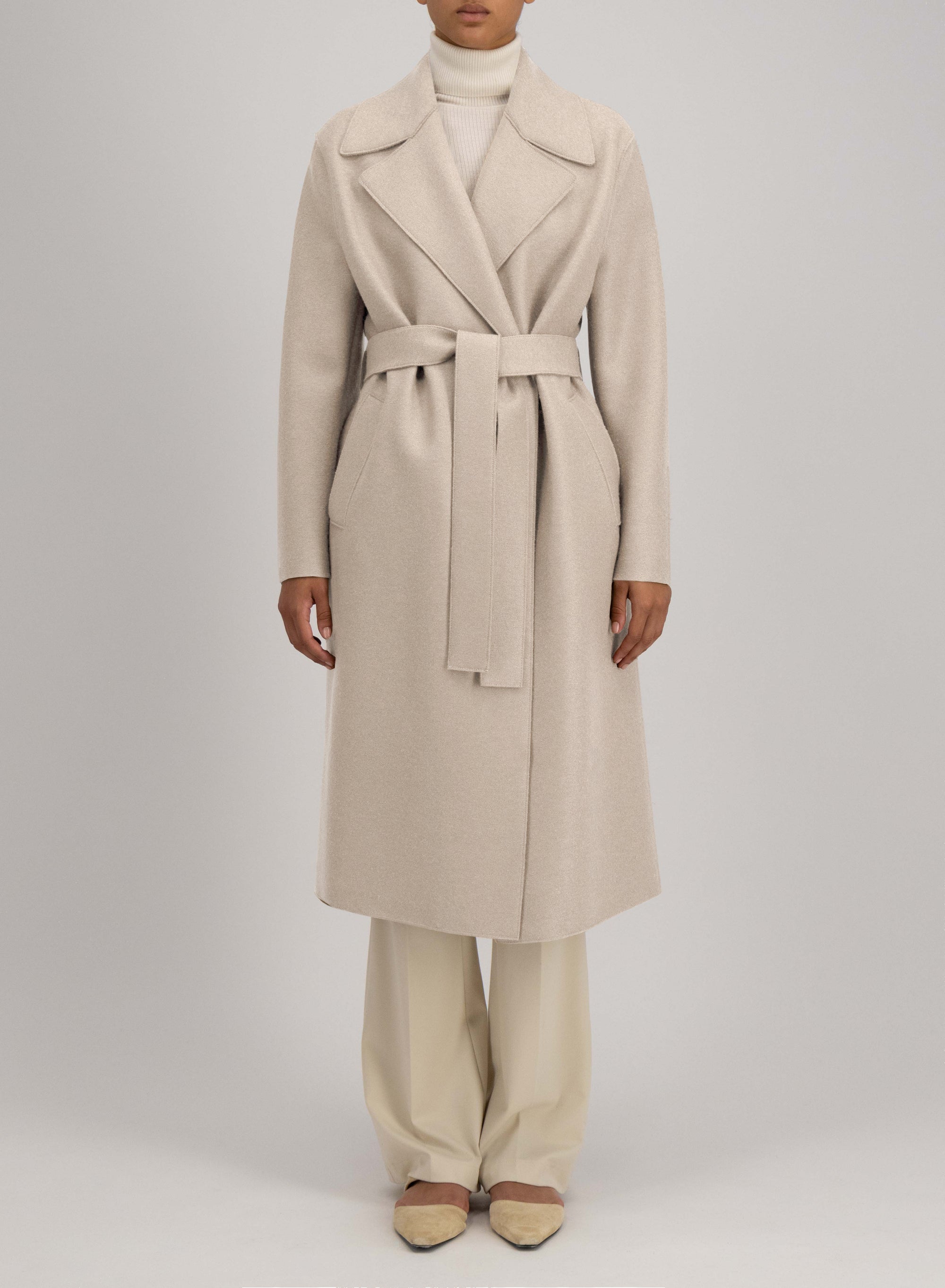 Belted long coat pressed wool and polaire