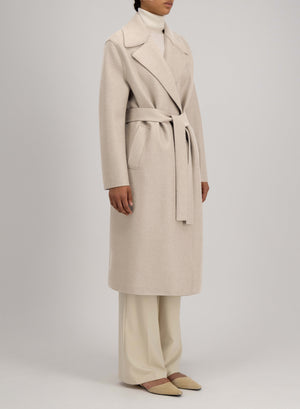 Belted long coat pressed wool and polaire