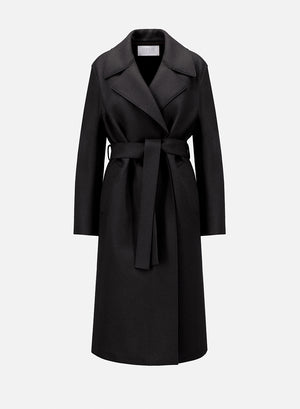 Belted long coat pressed wool and polaire