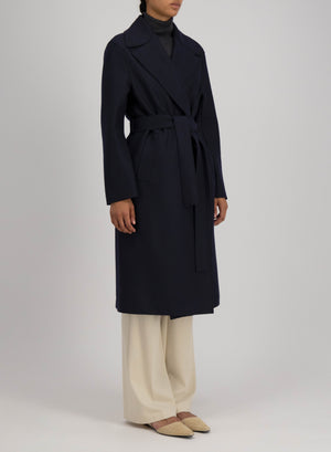 Belted long coat pressed wool and polaire