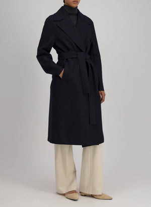 Belted long coat pressed wool and polaire