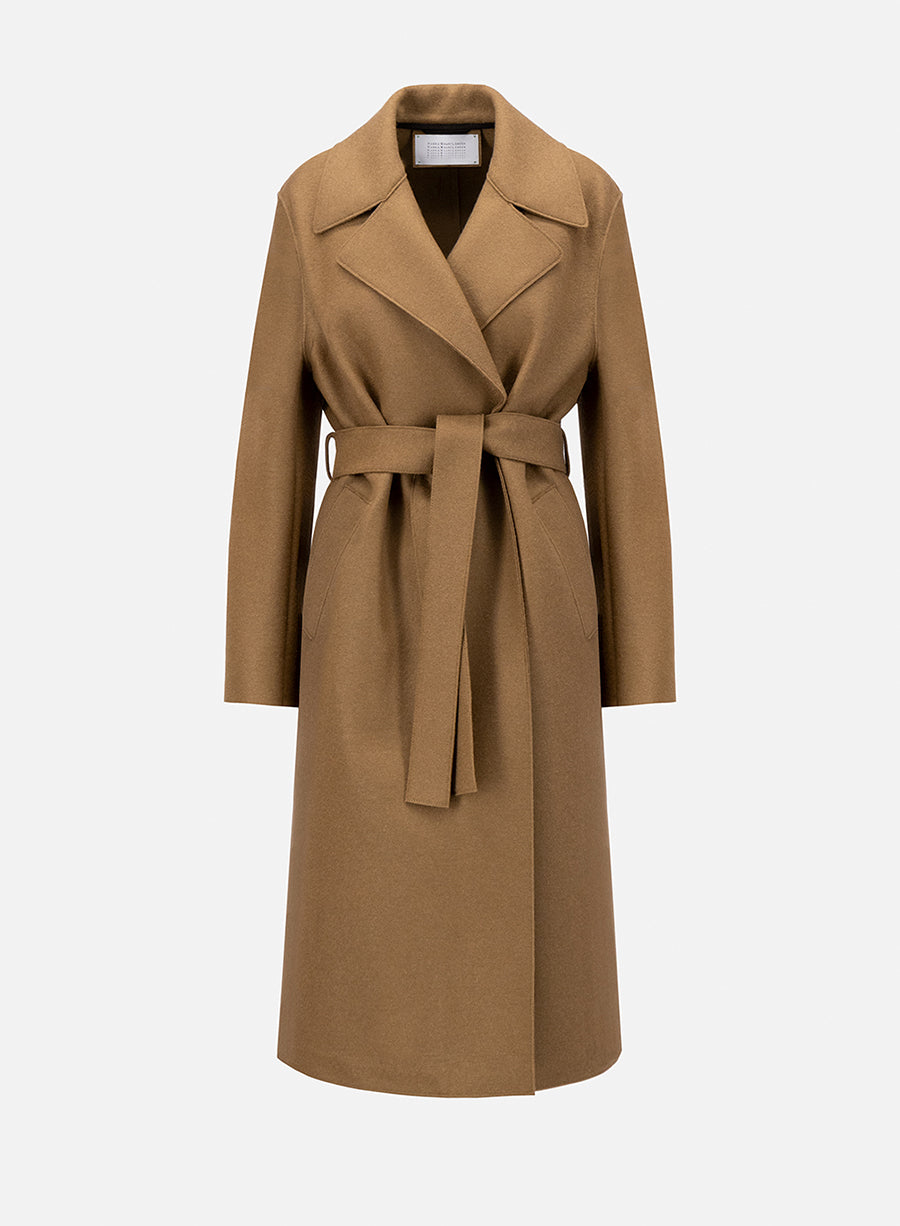 Belted long coat pressed wool and polaire