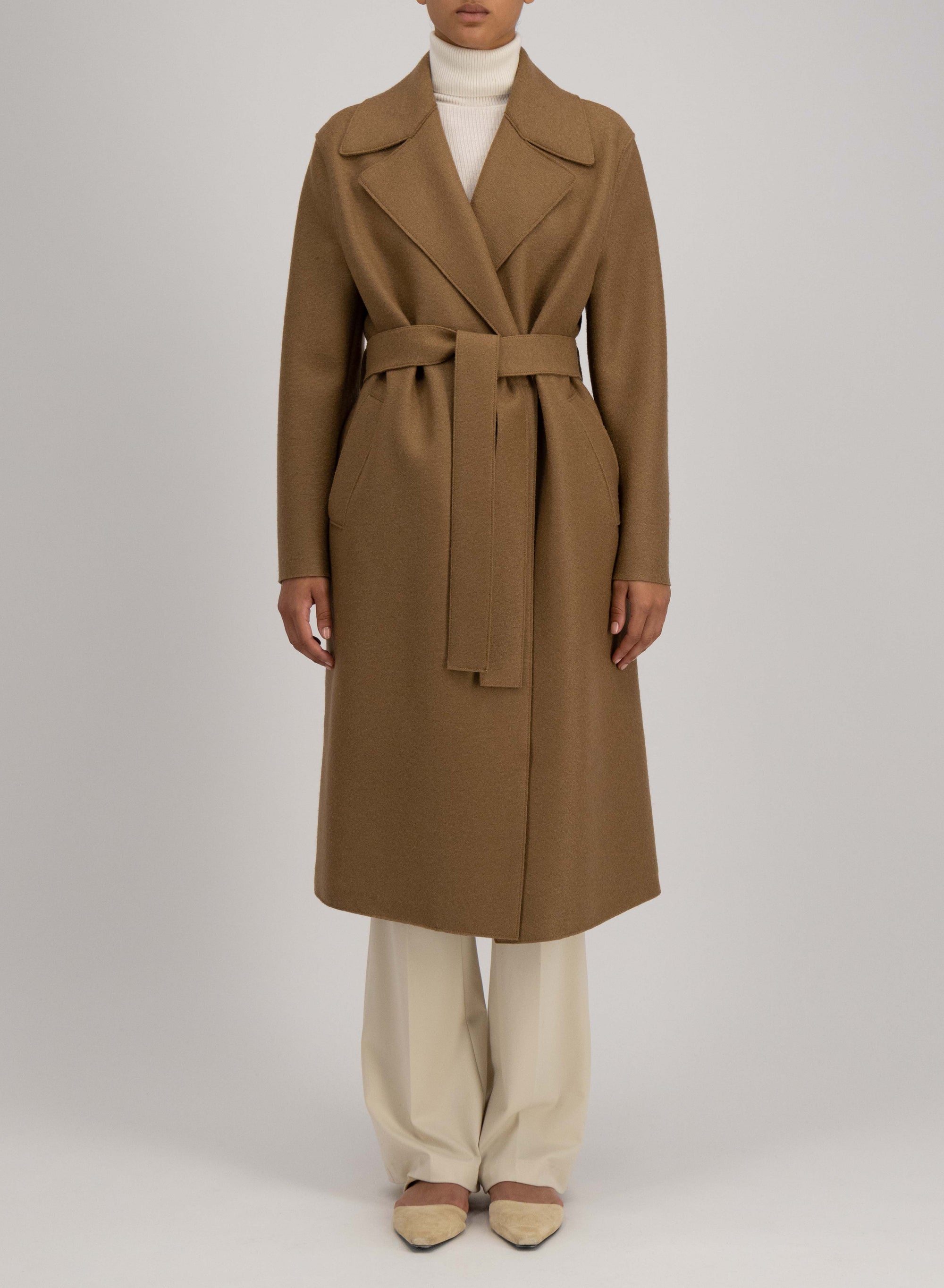 Belted long coat pressed wool and polaire