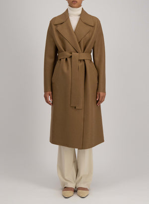 Belted long coat pressed wool and polaire