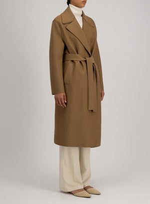 Belted long coat pressed wool and polaire