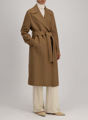 Belted long coat pressed wool and polaire