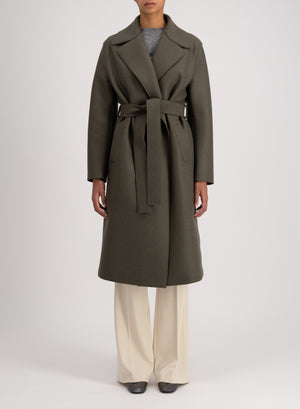 Belted long coat pressed wool and polaire