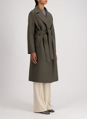 Belted long coat pressed wool and polaire