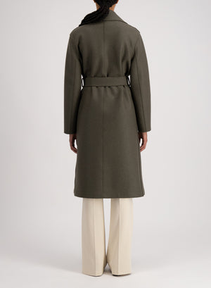 Belted long coat pressed wool and polaire