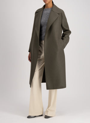 Belted long coat pressed wool and polaire