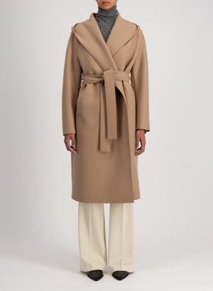 Hooded wrap coat pressed wool