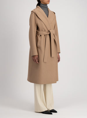 Hooded wrap coat pressed wool