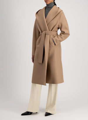 Hooded wrap coat pressed wool