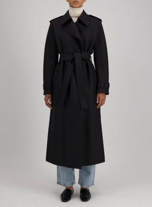 Long trench with double stitching pressed wool