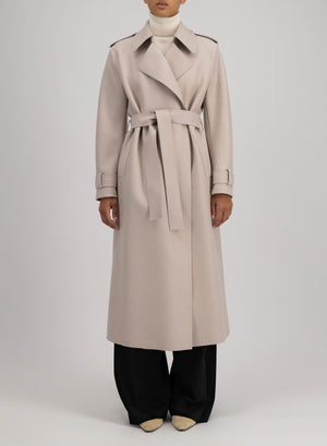 Long trench with double stitching pressed wool