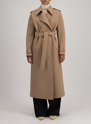 Long trench with double stitching pressed wool