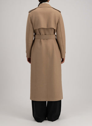 Long trench with double stitching pressed wool