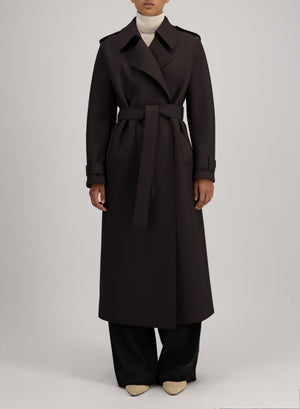 Long trench with double stitching pressed wool