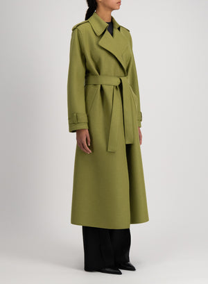 Long trench with double stitching pressed wool