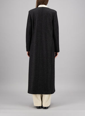 Uncollared coat with shoulder pads pressed wool