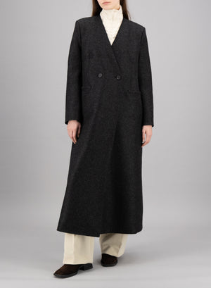 Uncollared coat with shoulder pads pressed wool