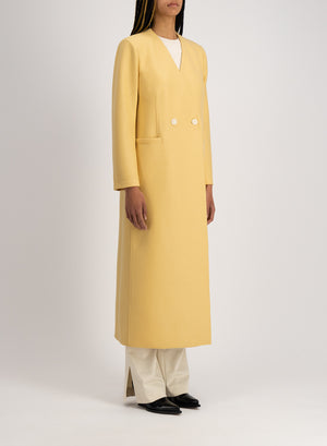 Uncollared coat in light pressed wool