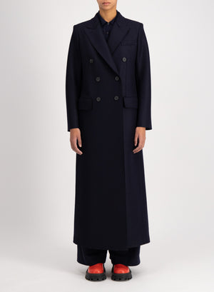 Long double breasted tailored coat pressed wool