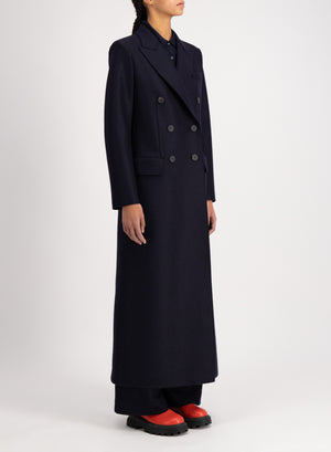 Long double breasted tailored coat pressed wool