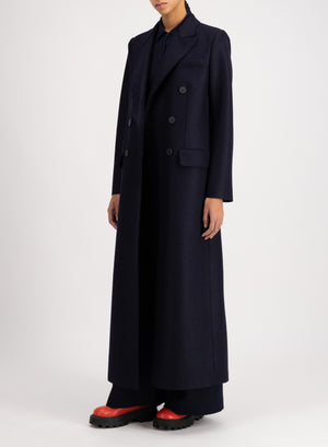 Long double breasted tailored coat pressed wool