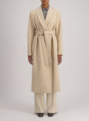 Shawl collar coat wool & silk P.O.W pattern crafted with Loro Piana fabric