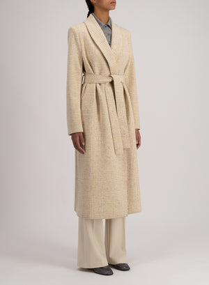 Shawl collar coat wool & silk P.O.W pattern crafted with Loro Piana fabric