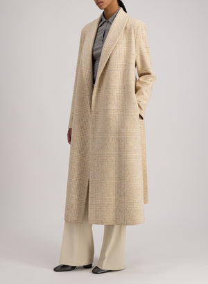 Shawl collar coat wool & silk P.O.W pattern crafted with Loro Piana fabric