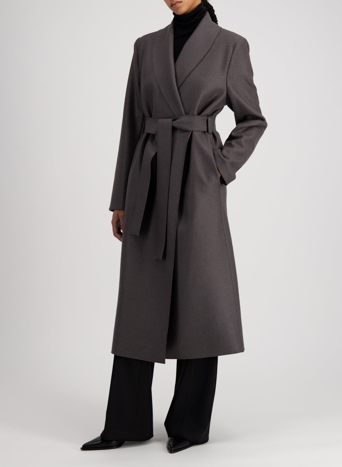 Shawl collar coat with s. pads pressed wool Harris Wharf London