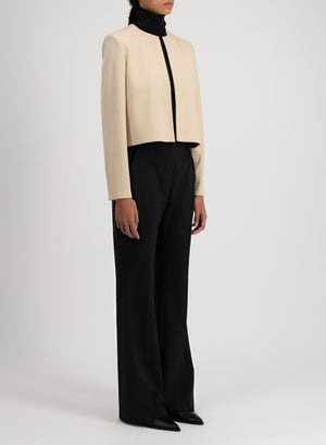 Collarless jacket with shoulder pads superfine merino