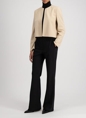 Collarless jacket with shoulder pads superfine merino