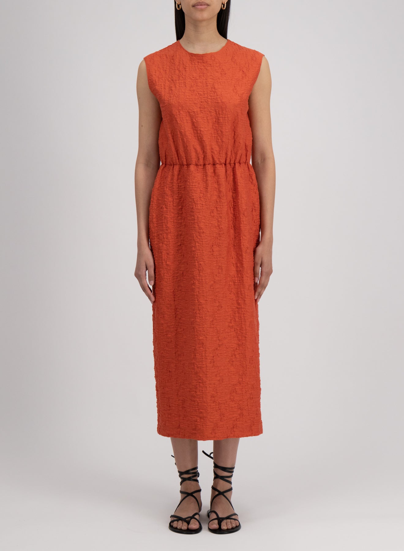 gathered midi dress crinkle