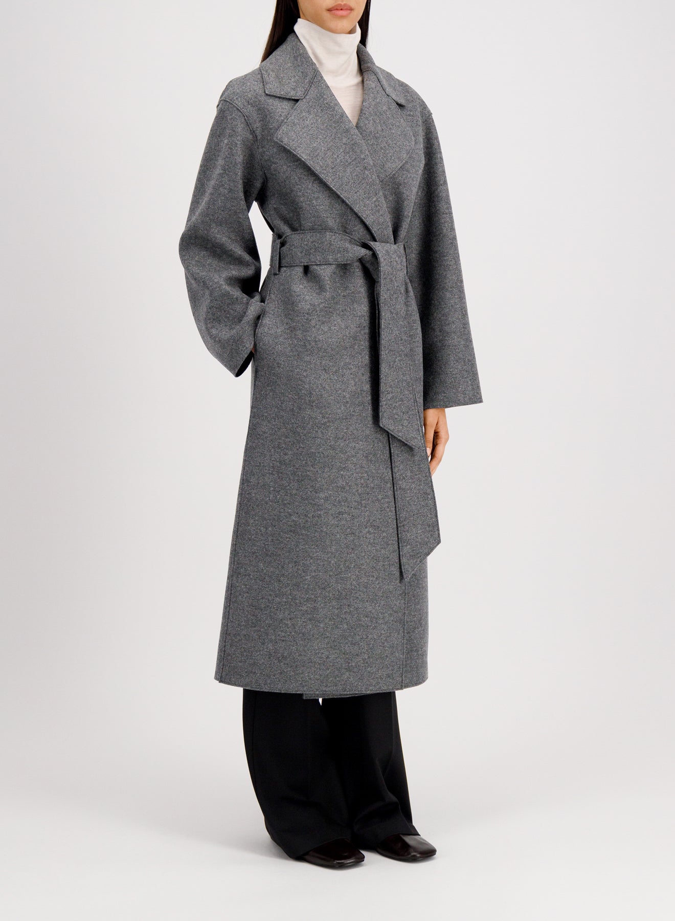 Belted clutch coat in pressed wool